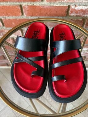 Black Leather Strap Slides with Red Footbed